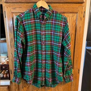 Vintage Ralph Lauren Men's Green and Red Plaid Flannel Shirt medium